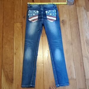 Flag Pocket Skinny Jeans - Blue with American Flag Back Pockets XS